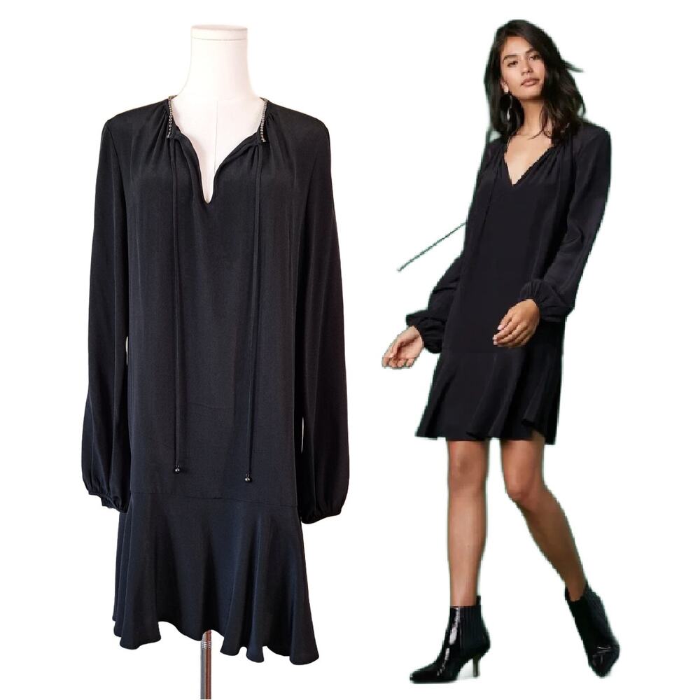 DIANE von FURSTENBURG Black Silk Dress Size 10 Long Cinched Sleeve Keyhole